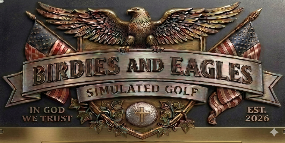 Birdies and Eagles storefront plaque with eagle, flags and original lettering