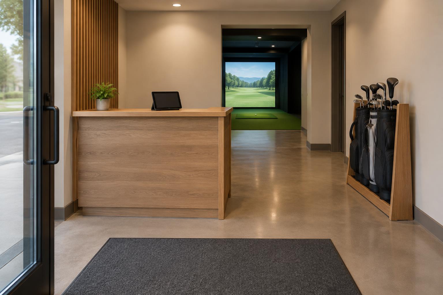 Concept rendering of an indoor golf entrance and check-in area